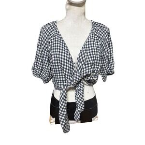 Abercrombie & Fitch Linen Gingham Puff Sleeve Tie Front Crop Top Preppy M NWT